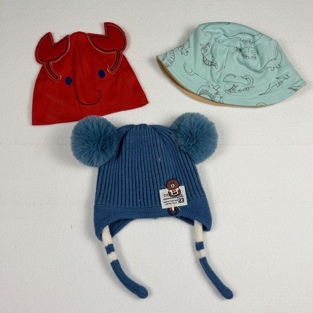 Baby Toddler Hat Lot Crab Beanie Dinosaur Sun Hat Blue Pom Pom Winter Cap 3Pc